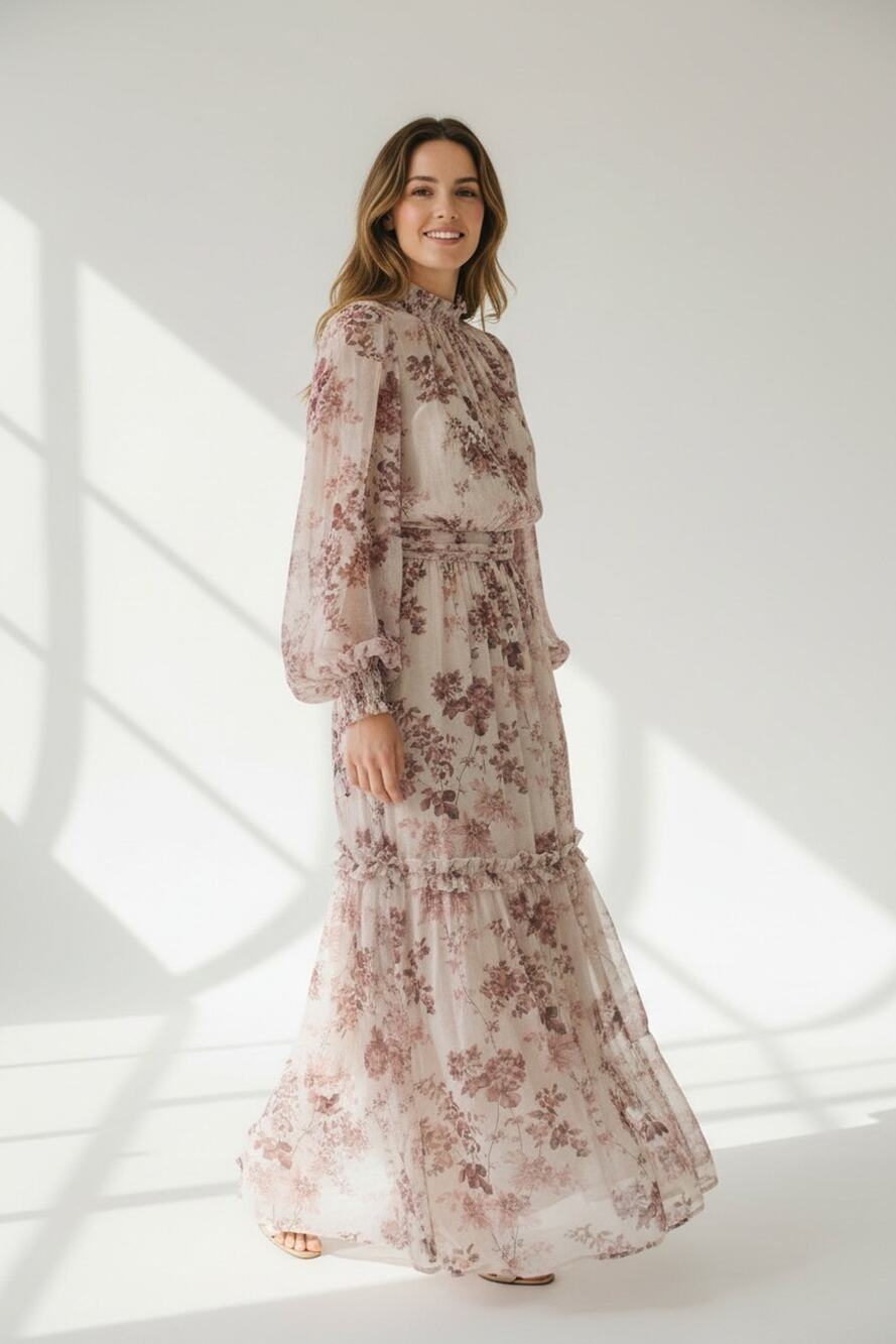 C0 NWT LET ME BE Balloon Sleeves Mock Neck Pink Combo Floral Maxi Dress Size L